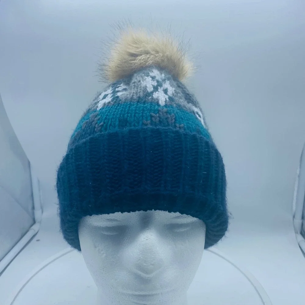 Eddie‎ Bauer Womens Blue Grey Knit Pom Pom Beanie Hat Fleece Lined Winter Cap